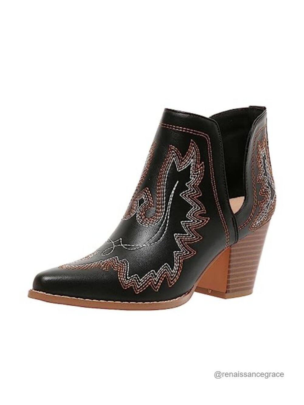 Women's Cowboy Boots Ankle Pointed Toe Chunky Heel Cutout Western Leather